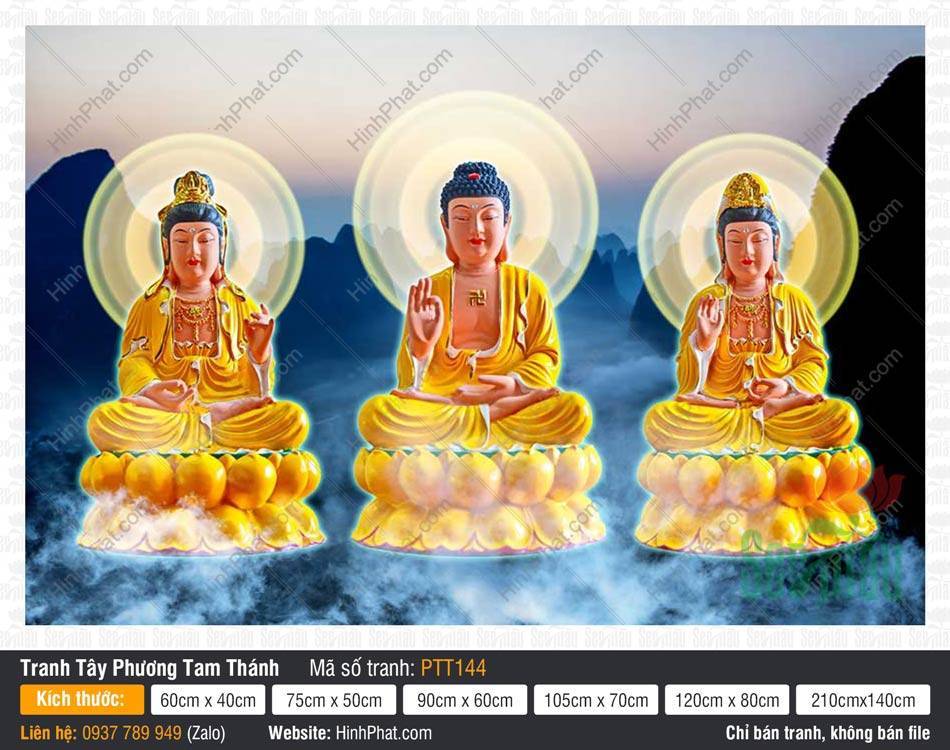 Tây Phương Tam Thánh Khổ Lớn PTT144 Tây Phương Tam Thánh Khổ Lớn PTT144 ba tôn tượng vàng tọa đài sen hào quang rực rỡ