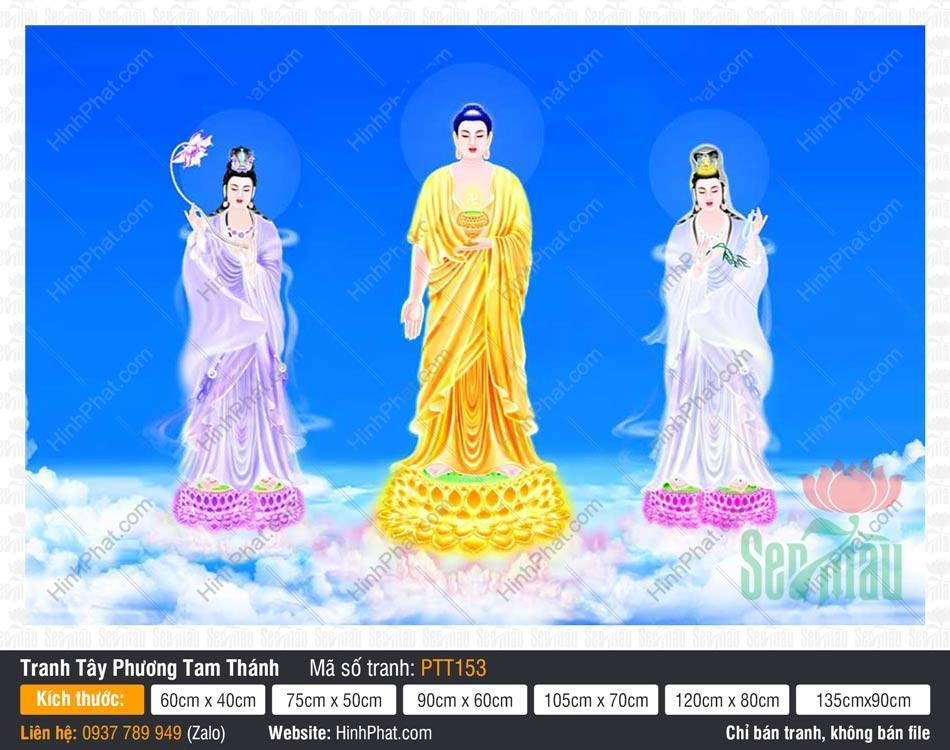 Tây Phương Tam Thánh Khổ Lớn PTT153 Tây Phương Tam Thánh Khổ Lớn PTT153 ba vị Phật đứng trên đài sen nền trời xanh mây trắng