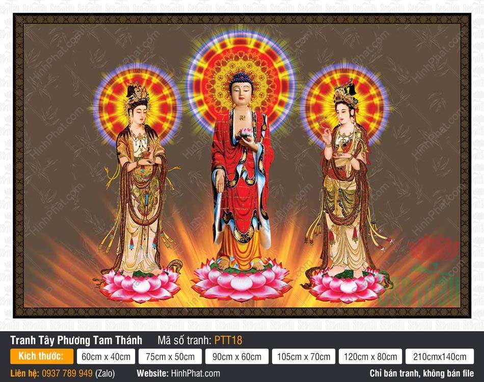 Tây Phương Tam Thánh Khổ Lớn PTT18 Tây Phương Tam Thánh Khổ Lớn PTT18 ba vị đứng trên đài sen hồng hào quang đa sắc