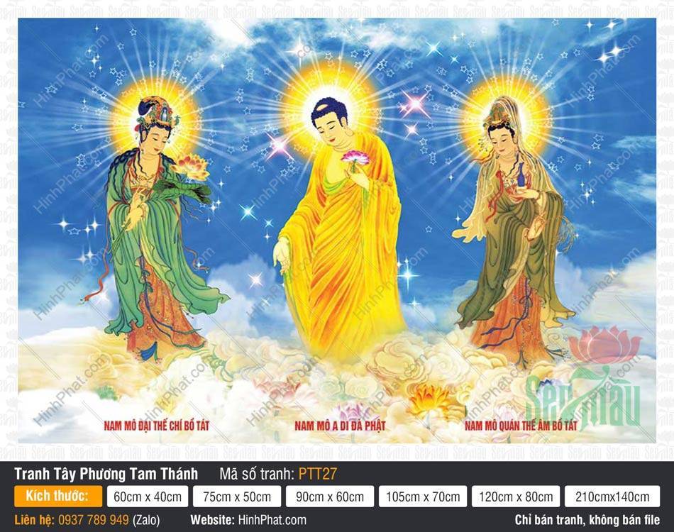 Tây Phương Tam Thánh Khổ Lớn PTT27 Tây Phương Tam Thánh Khổ Lớn PTT27 ba vị đứng trên mây nền trời xanh hào quang rực rỡ