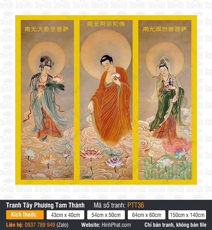 Tây Phương Tam Thánh Khổ Lớn PTT36 Tây Phương Tam Thánh Khổ Lớn PTT36 phong cách cổ điển ba vị đứng trên mây tông màu trầm trang nghiêm