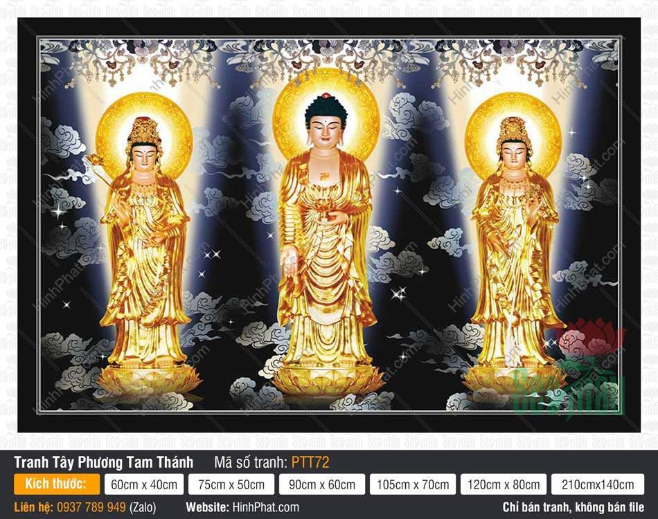 Tây Phương Tam Thánh Khổ Lớn PTT72 Tây Phương Tam Thánh Khổ Lớn PTT72 với ba tôn tượng vàng kim trên nền tối