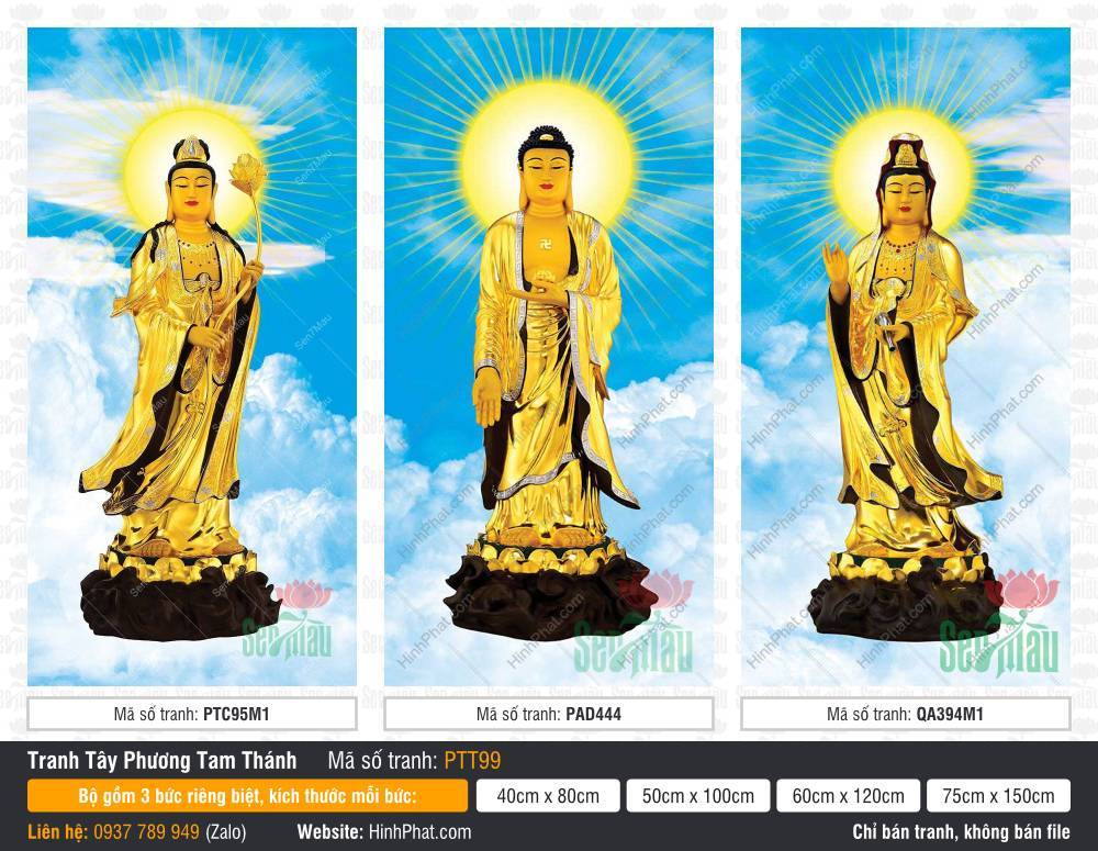 Tây Phương Tam Thánh Khổ Lớn PTT99 Tây Phương Tam Thánh Khổ Lớn PTT99 tôn tượng y phục vàng đen nền trời xanh mây trắng