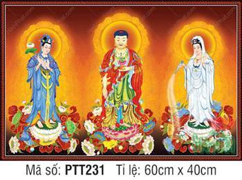Ảnh Tây Phương Tam Thánh Khổ Lớn PTT231, ba tôn tượng đứng đài sen Ảnh Tây Phương Tam Thánh Khổ Lớn PTT231, ba tôn tượng đứng đài sen