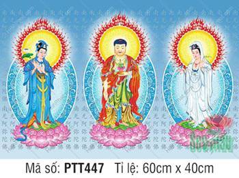 Ảnh Tây Phương Tam Thánh Khổ Lớn PTT447, nền xanh in chữ Phạn Ảnh Tây Phương Tam Thánh Khổ Lớn PTT447, nền xanh in chữ Phạn