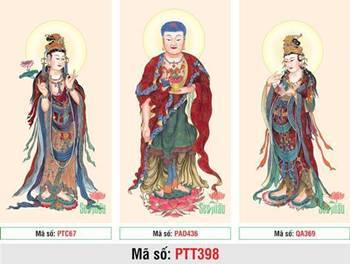 Ảnh Tây Phương Tam Thánh PTT398, bộ ba tôn tượng đứng đài sen hồng