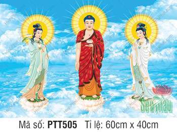 Hình Tây Phương Tam Thánh A Di Đà Phật PTT505, Ba Ngài ngự mây trời