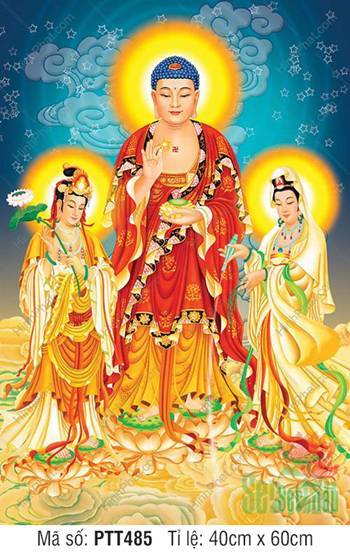 Hình Tây Phương Tam Thánh Đẹp PTT485, Ba Ngài đứng trên mây vàng