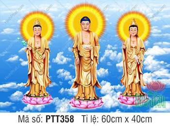 Hình Tây Phương Tam Thánh Khổ Lớn PTT358, ba vị đứng giữa mây xanh Hình Tây Phương Tam Thánh Khổ Lớn PTT358, ba vị đứng giữa mây xanh
