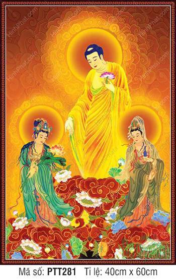 Hình Tây Phương Tam Thánh PTT281, ba Đức Phật đứng trên đài sen Hình Tây Phương Tam Thánh PTT281, ba Đức Phật đứng trên đài sen