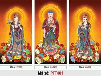 Hình Tây Phương Tam Thánh PTT401, ba đức Phật ngự tòa sen đỏ rực rỡ Hình Tây Phương Tam Thánh PTT401, ba đức Phật ngự tòa sen đỏ rực rỡ