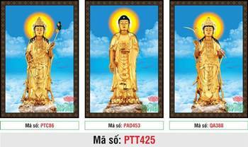 Hình Tây Phương Tam Thánh PTT425, tôn tượng vàng trên nền trời xanh Hình Tây Phương Tam Thánh PTT425, tôn tượng vàng trên nền trời xanh
