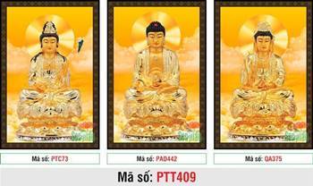 Tây Phương Tam Thánh PTT409, sắc vàng kim uy nghiêm trên nền mây Tây Phương Tam Thánh PTT409, sắc vàng kim uy nghiêm trên nền mây