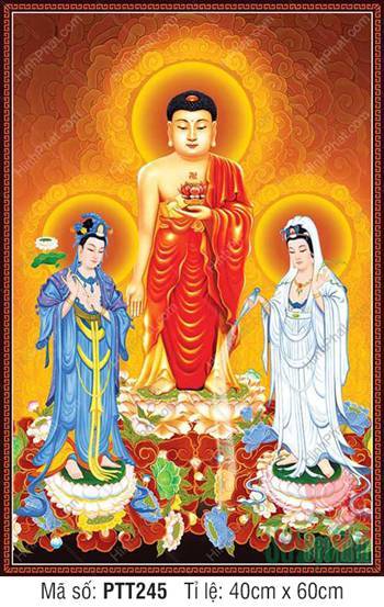 Tây Phương Tam Thánh size lớn PTT245, tranh Tam Thánh đứng uy nghiêm