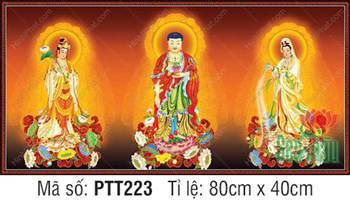 Tranh Tây Phương Tam Thánh A Di Đà Phật PTT223, ba tôn tượng sen vàng Tranh Tây Phương Tam Thánh A Di Đà Phật PTT223, ba tôn tượng sen vàng