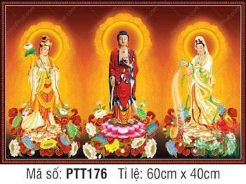 Tranh Tây Phương Tam Thánh Chất Lượng Cao PTT176, ba vị đứng đài sen Tranh Tây Phương Tam Thánh Chất Lượng Cao PTT176, ba vị đứng đài sen