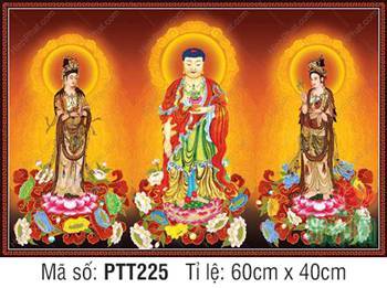 Tranh Tây Phương Tam Thánh Đẹp PTT225, ba vị Phật y phục nâu đỏ Tranh Tây Phương Tam Thánh Đẹp PTT225, ba vị Phật y phục nâu đỏ
