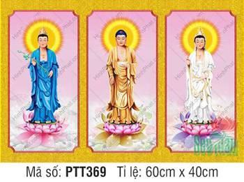 Tranh Tây Phương Tam Thánh Đẹp PTT369, Ba Tấm Ghép Nền Vàng