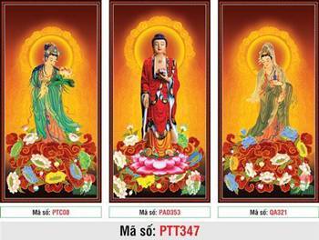 Tranh Tây Phương Tam Thánh Khổ Lớn PTT347, Ba Ngài ngự đài sen hồng Tranh Tây Phương Tam Thánh Khổ Lớn PTT347, Ba Ngài ngự đài sen hồng