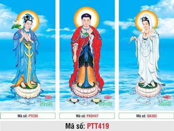 Tranh Tây Phương Tam Thánh Khổ Lớn PTT419, ba đức Phật ngự mây trời Tranh Tây Phương Tam Thánh Khổ Lớn PTT419, ba đức Phật ngự mây trời
