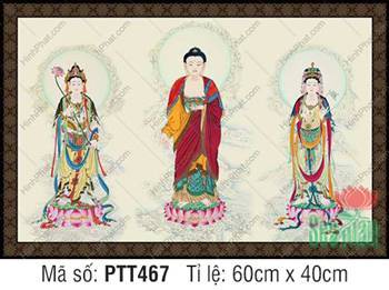 Tranh Tây Phương Tam Thánh Khổ Lớn PTT467, ba Ngài đứng đài sen hồng Tranh Tây Phương Tam Thánh Khổ Lớn PTT467, ba Ngài đứng đài sen hồng