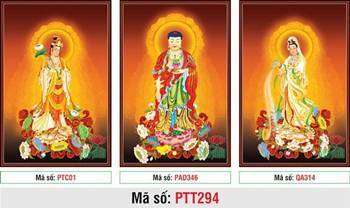 Tranh Tây Phương Tam Thánh PTT294, hào quang rực rỡ trên nền cam Tranh Tây Phương Tam Thánh PTT294, hào quang rực rỡ trên nền cam