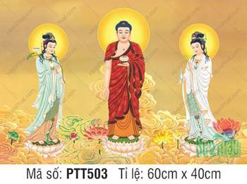 Tranh Tây Phương Tam Thánh Size Lớn PTT503, Ba Ngài ngự trên mây vàng
