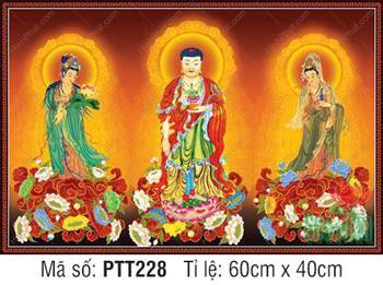 Tranh Tây Phương Tam Thánh kích thước lớn PTT228, ba vị Phật y xanh Tranh Tây Phương Tam Thánh kích thước lớn PTT228, ba vị Phật y xanh