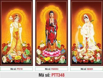 Tranh Tây Phương Tam Thánh kích thước lớn PTT348, ba vị đứng đài sen hồng Tranh Tây Phương Tam Thánh kích thước lớn PTT348, ba vị đứng đài sen hồng