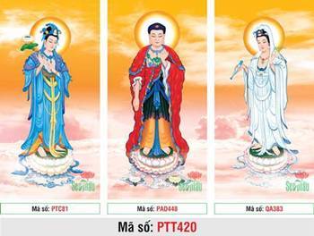 Tranh Tây Phương Tam Thánh kích thước lớn PTT420, bộ ba tôn tượng đứng Tranh Tây Phương Tam Thánh kích thước lớn PTT420, bộ ba tôn tượng đứng