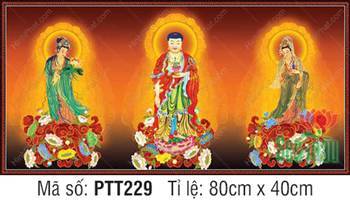 Tranh Tây Phương Tam Thánh size Lớn PTT229, Ba Ngài ngự đài sen Tranh Tây Phương Tam Thánh size Lớn PTT229, Ba Ngài ngự đài sen