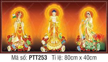 Tranh Tây Phương Tam Thánh size Lớn PTT253, Ba vị Phật ngự đài sen