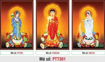Tranh Tây Phương Tam Thánh size Lớn PTT301, ba vị đứng trên tòa sen Tranh Tây Phương Tam Thánh size Lớn PTT301, ba vị đứng trên tòa sen