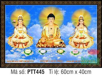 Tranh Tây Phương Tam Thánh size Lớn PTT445, tôn tượng tọa đài sen Tranh Tây Phương Tam Thánh size Lớn PTT445, tôn tượng tọa đài sen