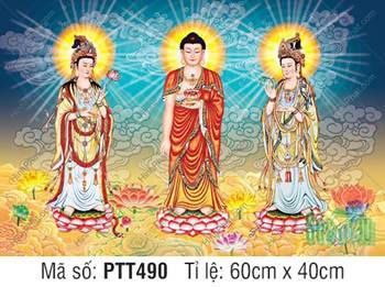 Tranh Thờ Tây Phương Tam Thánh PTT490, Ba Ngài ngự mây vàng