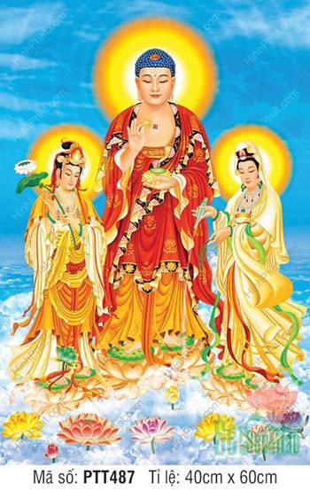 Tranh Vẽ Tây Phương Tam Thánh PTT487, Ba Ngài ngự mây trời