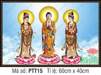 Hình Tây Phương Tam Thánh đẹp PTT15, ba vị đứng trên mây xanh