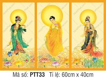 Hình Tây Phương Tam Thánh đẹp PTT33, ba vị ngự đài sen mây vàng