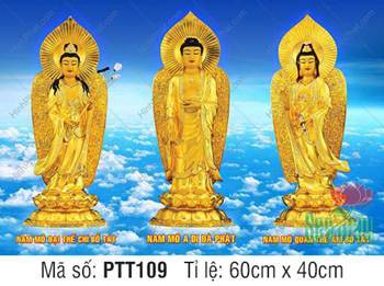 Hình Tây Phương Tam Thánh Khổ Lớn PTT109, tôn tượng vàng giữa mây trời Hình Tây Phương Tam Thánh Khổ Lớn PTT109, tôn tượng vàng giữa mây trời