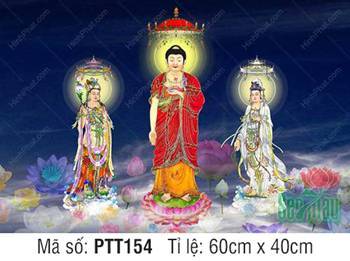 Hình Tây Phương Tam Thánh Khổ Lớn PTT154, nền xanh lam tĩnh lặng