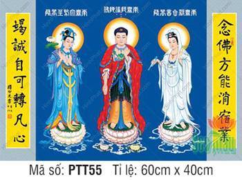 Hình Tây Phương Tam Thánh Khổ Lớn PTT55, nền xanh câu đối chữ Hán Hình Tây Phương Tam Thánh Khổ Lớn PTT55, nền xanh câu đối chữ Hán
