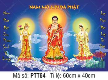 Hình Tây Phương Tam Thánh Khổ Lớn PTT64, nền xanh chữ Việt Hình Tây Phương Tam Thánh Khổ Lớn PTT64, nền xanh chữ Việt