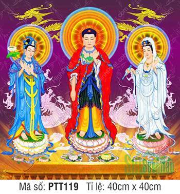 Hình Tây Phương Tam Thánh kích thước lớn PTT119, ba vị ngự sen hồng Hình Tây Phương Tam Thánh kích thước lớn PTT119, ba vị ngự sen hồng
