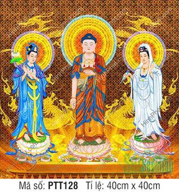Hình Tây Phương Tam Thánh kích thước lớn PTT128, họa tiết rồng vàng