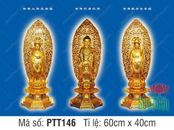 Hình Tây Phương Tam Thánh kích thước lớn PTT146, tượng vàng nền xanh
