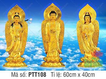 Tây Phương Tam Thánh Khổ Lớn PTT108, tôn tượng vàng nền mây Tây Phương Tam Thánh Khổ Lớn PTT108, tôn tượng vàng nền mây