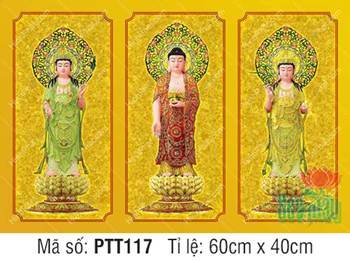 Tây Phương Tam Thánh Khổ Lớn PTT117, tôn tượng đứng giữa hào quang hoa văn Tây Phương Tam Thánh Khổ Lớn PTT117, tôn tượng đứng giữa hào quang hoa văn