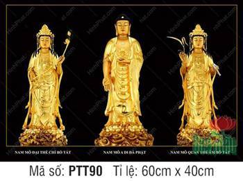 Tây Phương Tam Thánh Khổ Lớn PTT90, tượng vàng nền đen Tây Phương Tam Thánh Khổ Lớn PTT90, tượng vàng nền đen