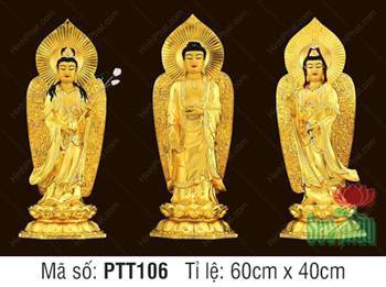 Tranh Tây Phương Tam Thánh PTT106, tượng dát vàng hào quang lá bồ đề Tranh Tây Phương Tam Thánh PTT106, tượng dát vàng hào quang lá bồ đề