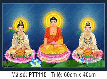 Tranh Tây Phương Tam Thánh PTT115, ba vị ngồi trên đài sen hồng Tranh Tây Phương Tam Thánh PTT115, ba vị ngồi trên đài sen hồng